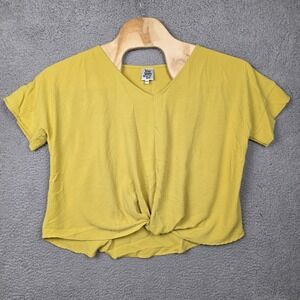 Ivu Jane Blouse Womens XS Yellow Twist V Neck Cropped Short Sleeve Made‎ USA